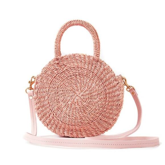 Clare V Petite Alice Shoulder Bag Blush Pink Round Woven Straw Handbag - Picture 1 of 8